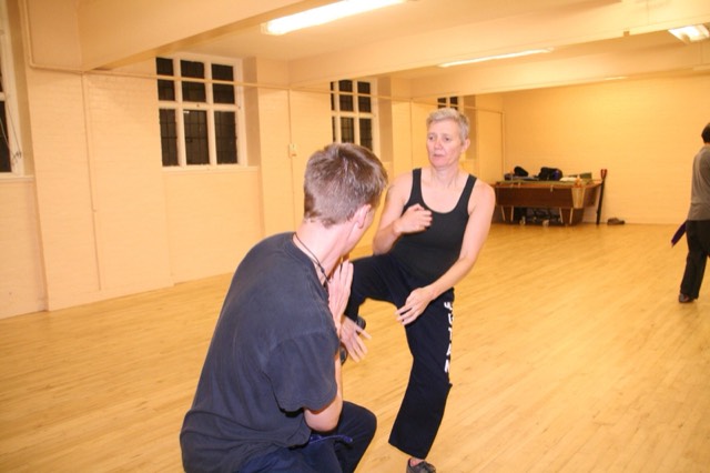 A student checks a kick from a crouching partner